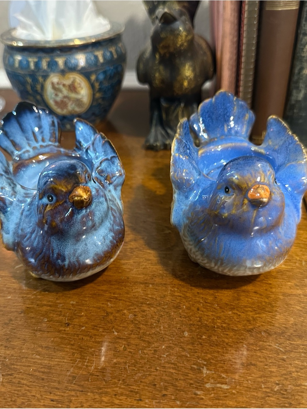 Blue Ceramic Bird Figurines - Decorative Home Accent